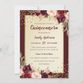 Bloemen Sparkle Bourgondië Goud Quinceanera Invite Kaart (Voorkant)