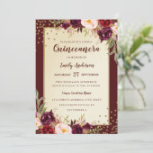 Bloemen Sparkle Bourgondië Goud Quinceanera Invite Kaart (Staand voorkant)
