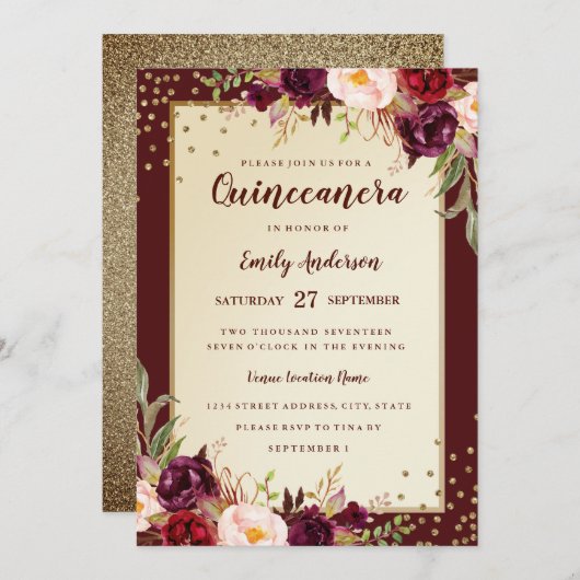 Bloemen Sparkle Bourgondië Goud Quinceanera Invite Kaart (Voorkant / Achterkant)