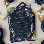 Bloemen Sparkle Butterfly Navy Gold Quinceanera Folie Uitnodiging