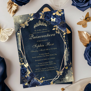 Bloemen Sparkle Butterfly Navy Gold Quinceanera Folie Uitnodiging
