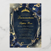 Bloemen Sparkle Butterfly Navy Gold Quinceanera Folie Uitnodiging (Voorkant)