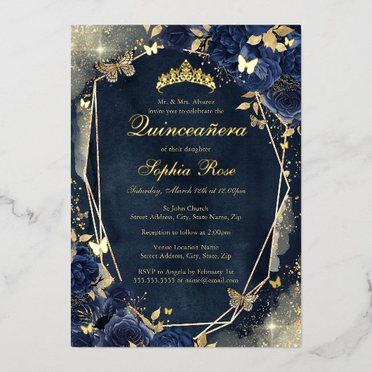 Bloemen Sparkle Butterfly Navy Gold Quinceanera Folie Uitnodiging (Voorkant)