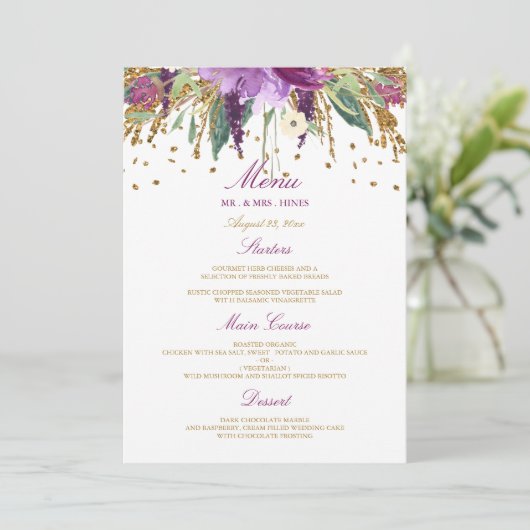 Bloemen Sparkling Amethist Bruiloft Diner Menu (Staand voorkant)