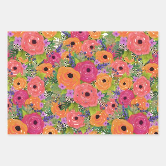 Bloemen, spelden en geometrische | Warm Colours Inpakpapier Vel (Voorkant)