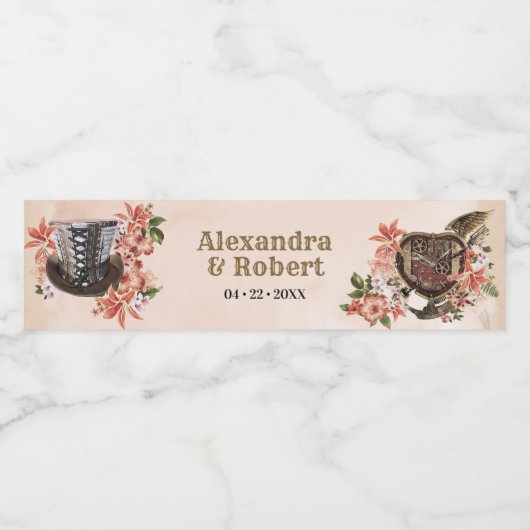 Bloemen Steampunk bruiloft Waterfles Etiket (Enkel label)