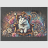 Bloemen Steampunk Witte Kat Decoupage Tissuepapier (Voorkant)