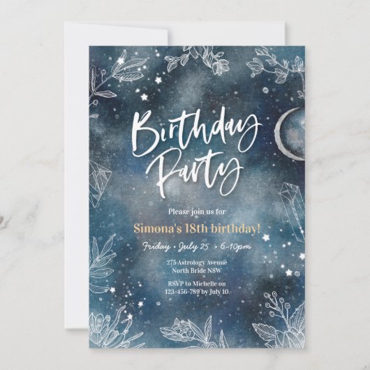 Bloemen sterren nachtelijke hemel Party Uitnodigin Kaart (Voorkant)