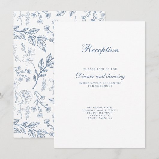  Bloemen Stoffig Blauw Bruiloft Informatiekaartje (Voorkant / Achterkant)