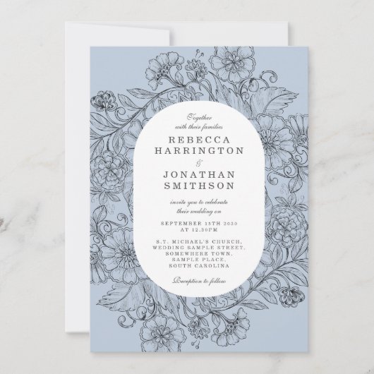  Bloemen Stoffig Blauw Foto Bruiloft Kaart (Voorkant)