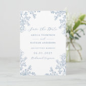  Bloemen Stoffig Blauw Huwelijk Save The Date (Staand voorkant)