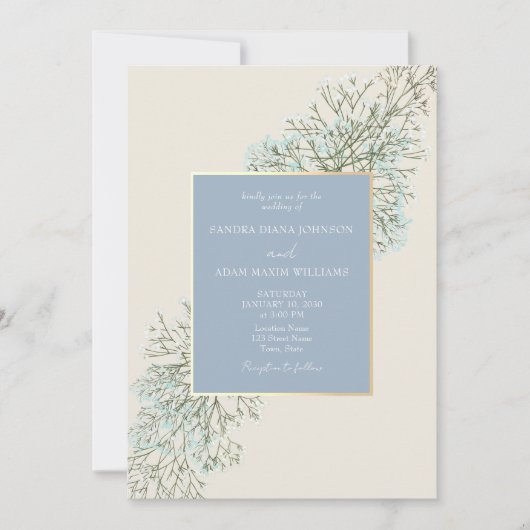  Bloemen Stoffig Blauw Huwelijksuitnodiging Kaart (Voorkant)