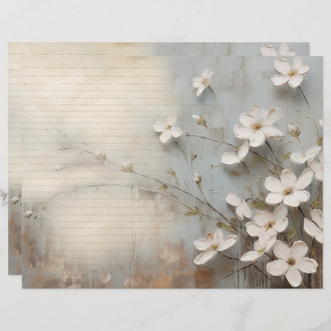  Bloemen Stoffig Blauw Junk Journal Papier Blad (Voorkant / Achterkant)