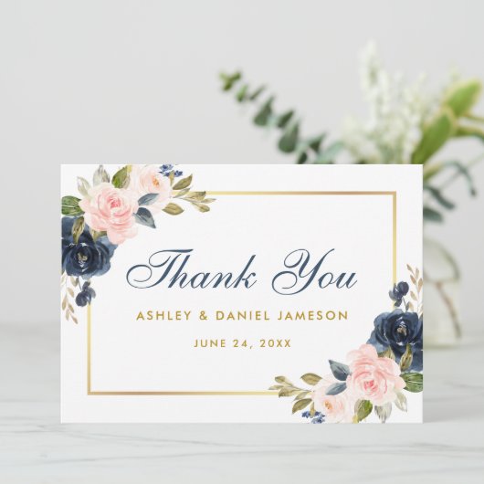 Bloemen Stoffig Blauw Roze Blush Bruiloft Goud Bedankkaart (Staand voorkant)