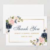 Bloemen Stoffig Blauw Roze Blush Bruiloft Goud Bedankkaart (Voorkant / Achterkant)