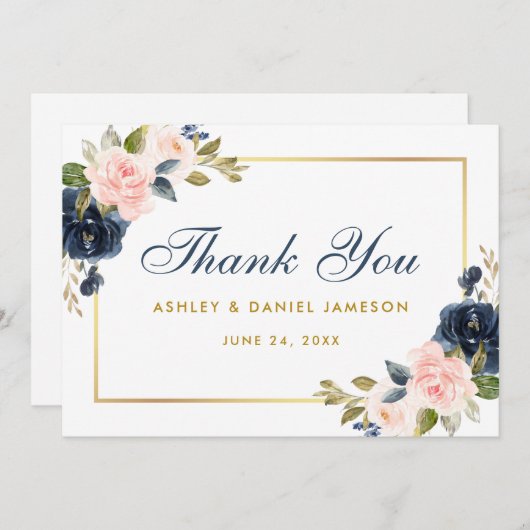Bloemen Stoffig Blauw Roze Blush Bruiloft Goud Bedankkaart (Voorkant / Achterkant)