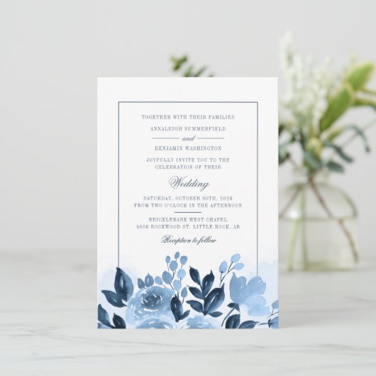 Bloemen Stoffig Blauw Waterverf Blush Bruiloft Kaart (Staand voorkant)