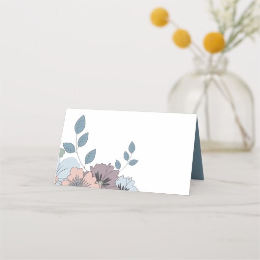 Bloemen Stoffig Blauw Zalm Roze Namen Datum Bruilo Plaatskaartje (Achterkant)