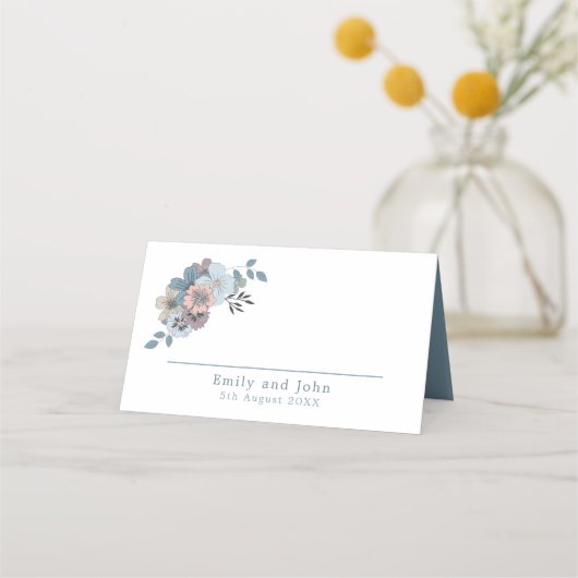 Bloemen Stoffig Blauw Zalm Roze Namen Datum Bruilo Plaatskaartje (Voorkant)