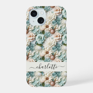 Bloemen stoffig groene crèmekleurige naam script iPhone 15 case