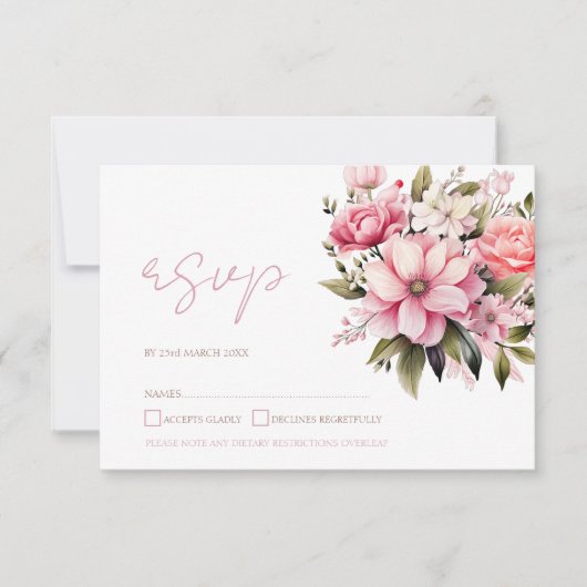 Bloemen Stoffig Roze Wildflower Zomer Tuin Bruilof RSVP Kaartje (Voorkant)