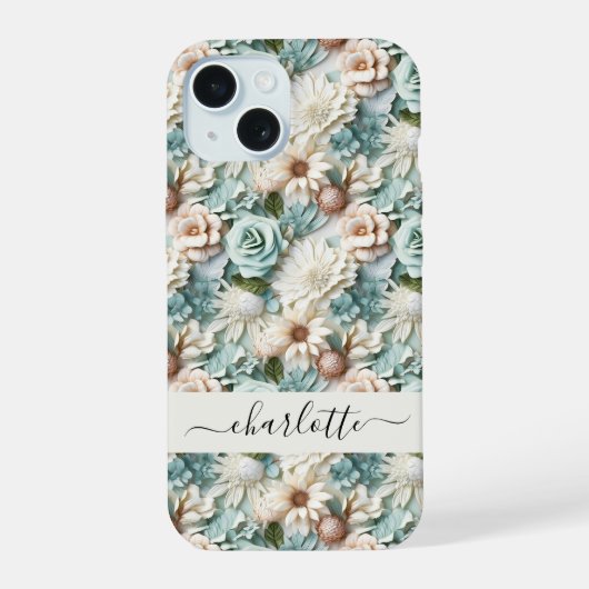 Bloemen stoffige groene crème naam script iPhone 15 case (Achterkant)
