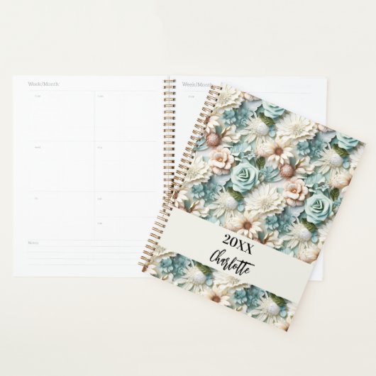 Bloemen stoffige groene crème naamschrift 2026 planner (Display)
