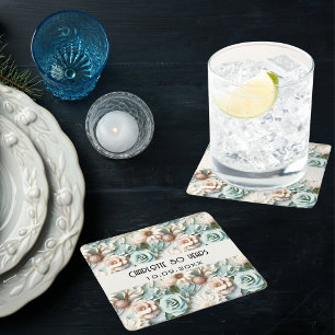 Bloemen stoffige groene crème verjaardagsnaam kartonnen onderzetters