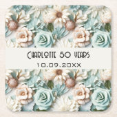 Bloemen stoffige groene crème verjaardagsnaam kartonnen onderzetters (Voorkant)