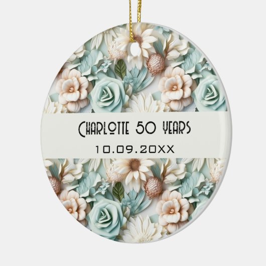 Bloemen stoffige groene crème verjaardagsnaam keramisch ornament (Links)