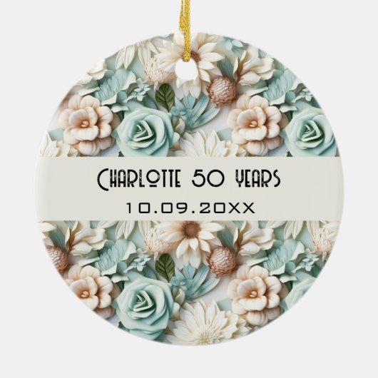 Bloemen stoffige groene crème verjaardagsnaam keramisch ornament (Achterkant)