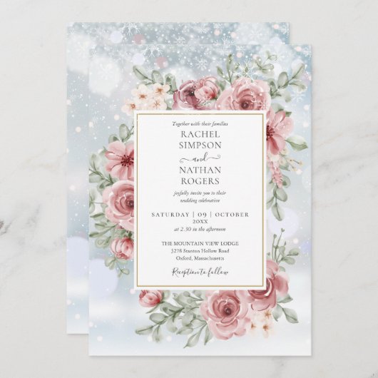 Bloemen stoffige Roos gouden winter bruiloft Kaart (Voorkant / Achterkant)