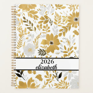 Bloemen stoffige zwart & gouden naamschrift planner
