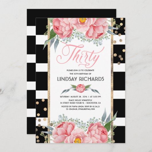 Bloemen Strepen Modern Goud Decor 30 Verjaardagsfe Kaart (Voorkant / Achterkant)