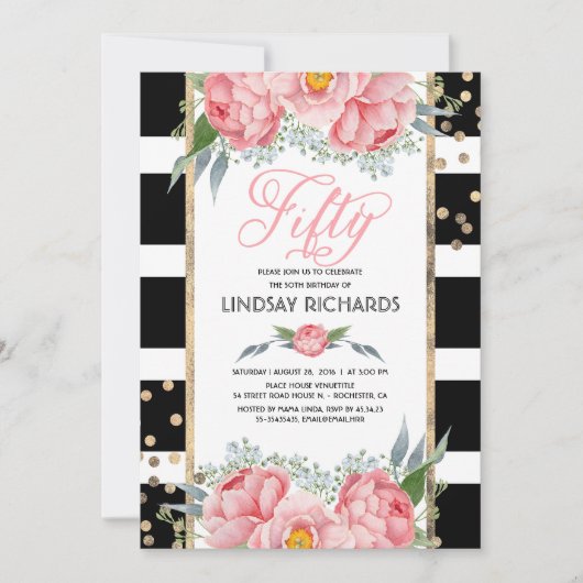 Bloemen Strepen Modern Goud Decor 50 Verjaardagsfe Kaart (Voorkant)
