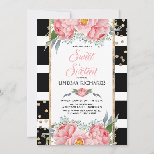 Bloemen Strepen Modern Goud Decor Sweet 16 Verjaar Kaart (Voorkant)