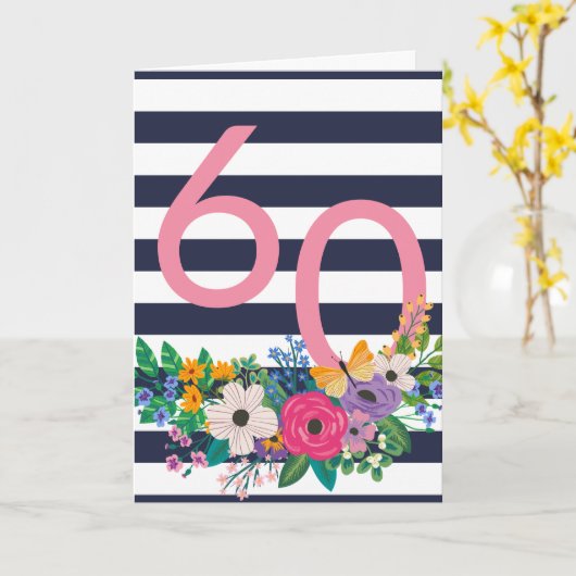 Bloemen & Strepen Roze 60 Happy Birthday Kaart (Gele Bloem)