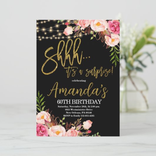 Bloemen String Lights Verjaardag, Chalkboard Verja Kaart (Staand voorkant)