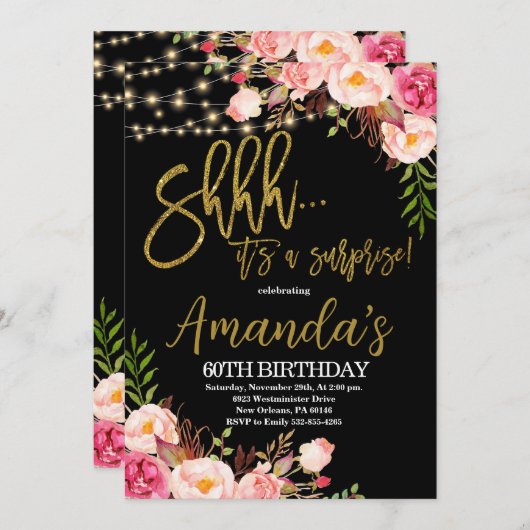 Bloemen String Lights Verjaardag, Chalkboard Verja Kaart (Voorkant / Achterkant)