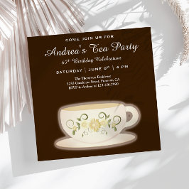 Bloemen Tea Cup | Brown Birthday Tea Party Kaart