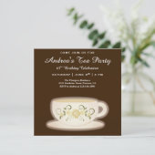  Bloemen Tea Cup | Brown Birthday Tea Party Kaart (Staand voorkant)
