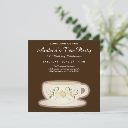  Bloemen Tea Cup | Brown Birthday Tea Party Kaart (Staand voorkant)