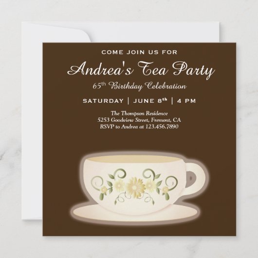  Bloemen Tea Cup | Brown Birthday Tea Party Kaart (Voorkant)