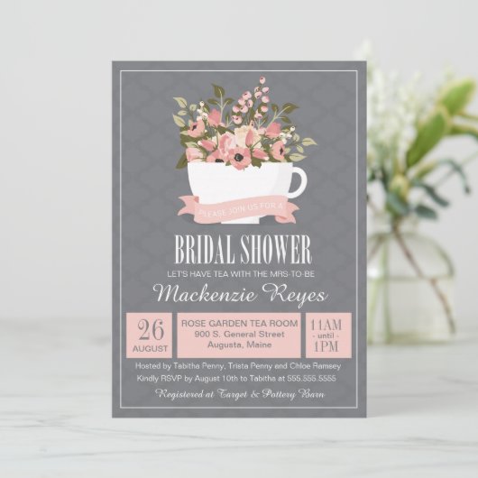Bloemen Teacup Bruids Douche Uitnodiging, Tea Part Kaart (Staand voorkant)