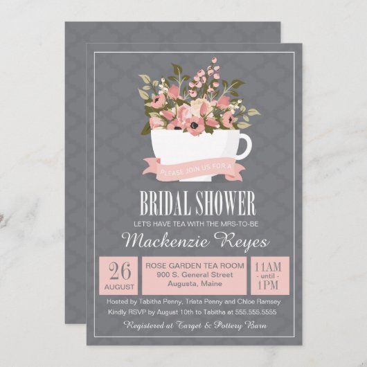Bloemen Teacup Bruids Douche Uitnodiging, Tea Part Kaart (Voorkant / Achterkant)