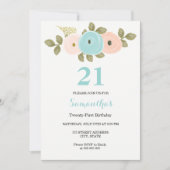 Bloemen Teal & Perzik 21e Verjaardagsfeest Uitnodi Kaart (Voorkant)
