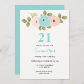 Bloemen Teal & Perzik 21e Verjaardagsfeest Uitnodi Kaart (Voorkant / Achterkant)