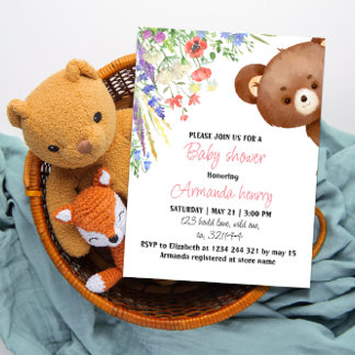 Bloemen teddybeer baby shower invitatie bewerkbaar kaart