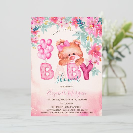 Bloemen Teddybeer Baby shower Kaart (Staand voorkant)
