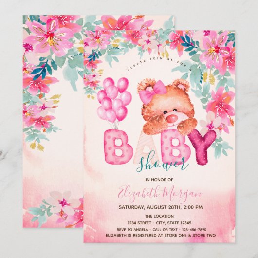 Bloemen Teddybeer Baby shower Kaart (Voorkant / Achterkant)